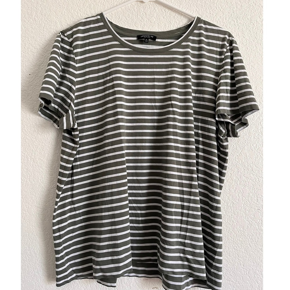 Lafayette 148 New York 100% Cotton XL Green White Stripe T Shirt Quiet Luxury